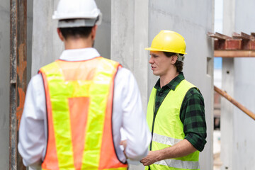 Engineer and foreman worker team inspect the construction site, Site manager and builder on construction site