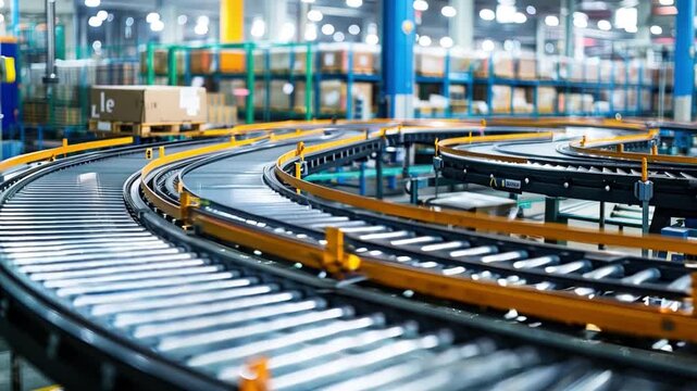 An automated conveyor belt system transporting goods, demonstrating streamlined logistics in manufacturing