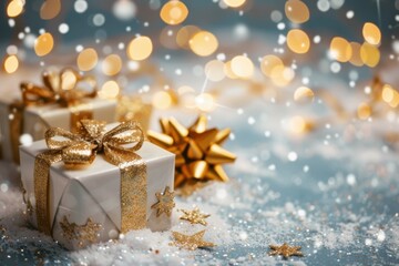 Charming White and Gold Christmas Gift Boxes with Snow and Bokeh Lights - Ideal for Winter Wonderland and Festive Holiday-Themed Designs