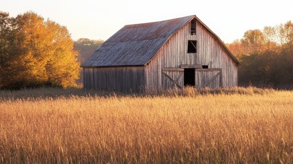 Obraz premium Rustic Outdoor Scene of a Weathered Barn in a Field of Golden Grass at Sunset, Tranquil Countryside Landscape