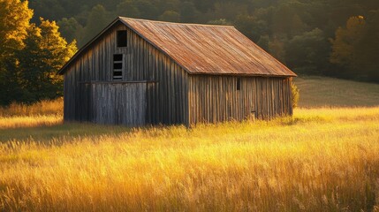 Obraz premium Rustic Outdoor Scene of a Weathered Barn in a Field of Golden Grass at Sunset, Tranquil Countryside Landscape