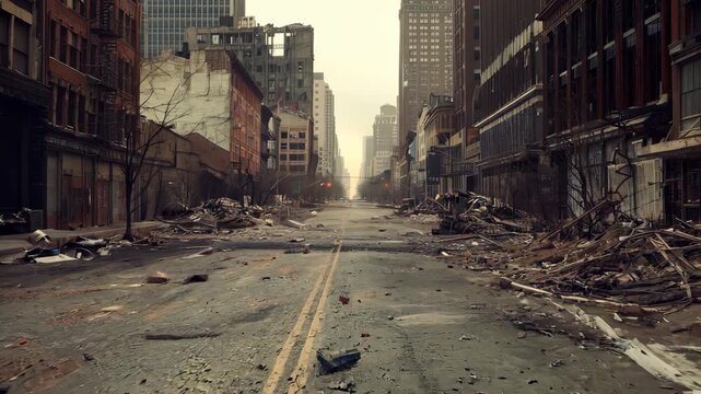 Desolate city street with debris and decay in urban setting