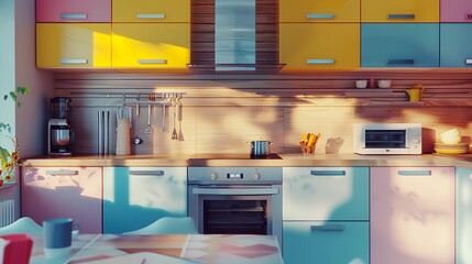 Colorful Modern Sunlit rustic kitchen interior with wooden cabinets and appliances