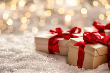 Enchanting Christmas Gift Boxes with Red Ribbons on Snowy Background with Bokeh Lights - Ideal for Winter Wonderland and Festive Holiday-Themed Designs