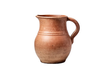 Rustic Clay Pitcher Displayed on a Wooden Table in a Cozy Kitchen at Sunset on Transparent PNG Background.