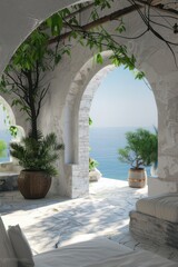 Fototapeta premium Mediterranean patio with arches and ocean view