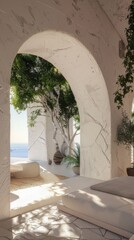 Fototapeta premium Mediterranean room with arched patio and sea view