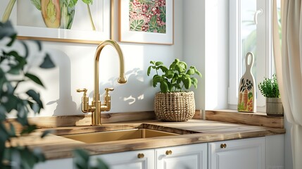 Colorful Modern Sunlit rustic kitchen interior with wooden cabinets and appliances