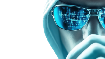 hacker with laptop, digital data security, isolated transparent png background