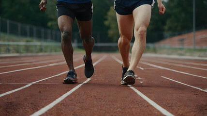The feet of a runner are running on the field.