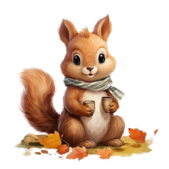 Fototapeta premium Cute cartoon squirrel eating food on a picnic blanket covered with fallen leaves, full body, single object, watercolor illustration