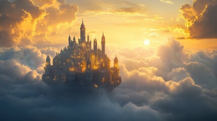 Surreal Fantasy Castle in the Clouds at Sunset with Dramatic Lighting and Majestic Architecture