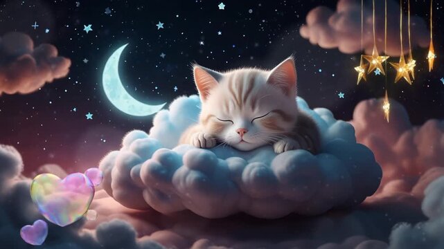 cute little cat sleeping on a cloud, in cartoon style. Seamless looping 4k video animation