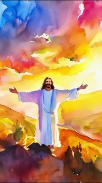 Jesus christ transfiguration in rays of holy light on top of the mountain watercolor art animation -- 4k 9x16 vertical stock video footage AI