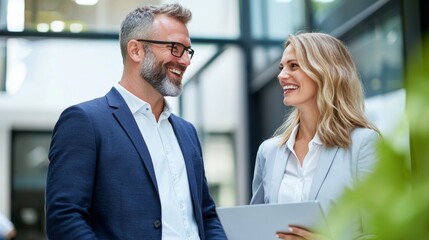 a man and woman smiling while looking at each other people