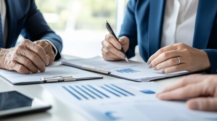 two people sitting at a table with papers and pen