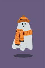 Cute ghost wearing Scarf and Beanie.Halloween illustration. Spooky season. Fun spirit character.