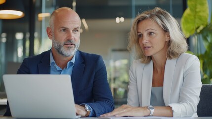 Fototapeta premium a man and woman looking at a laptop