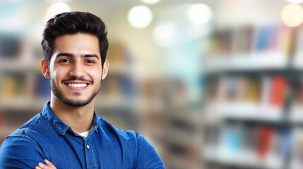 Fototapeta premium a man smiling in front of a book shelf