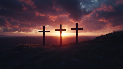 Three Crosses Silhouetted Against Dramatic Sunset Sky Over Rolling Hills - Powerful Religious Symbolism