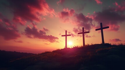 Three Crosses Silhouetted Against Dramatic Sunset Sky Over Rolling Hills - Powerful Religious Symbolism