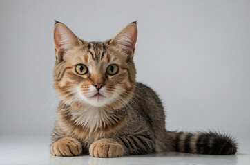 A cute fat cat looks shyly at the camera.