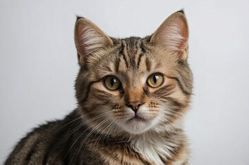 A cute fat cat looks shyly at the camera.