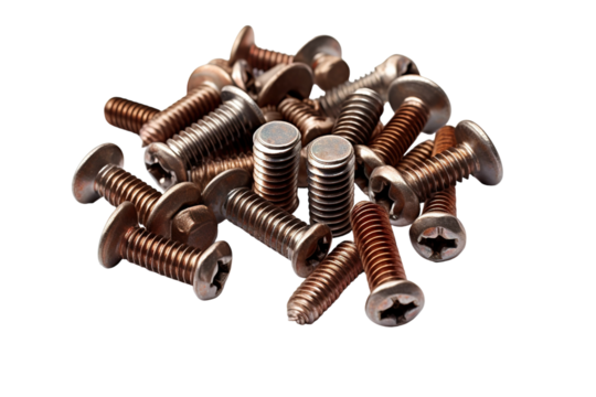 A Collection of Various Screws With Different Finishes and Head Designs Scattered on a White Surface on Transparent PNG Background.