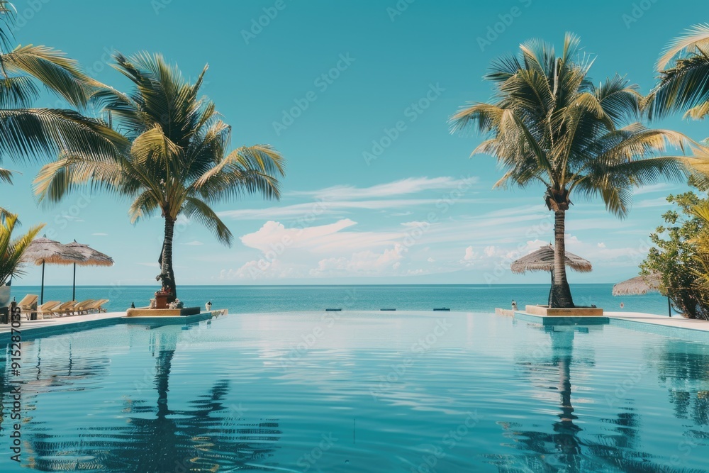 Poster a relaxing scene with a pool surrounded by palm trees, perfect for a resort or vacation brochure