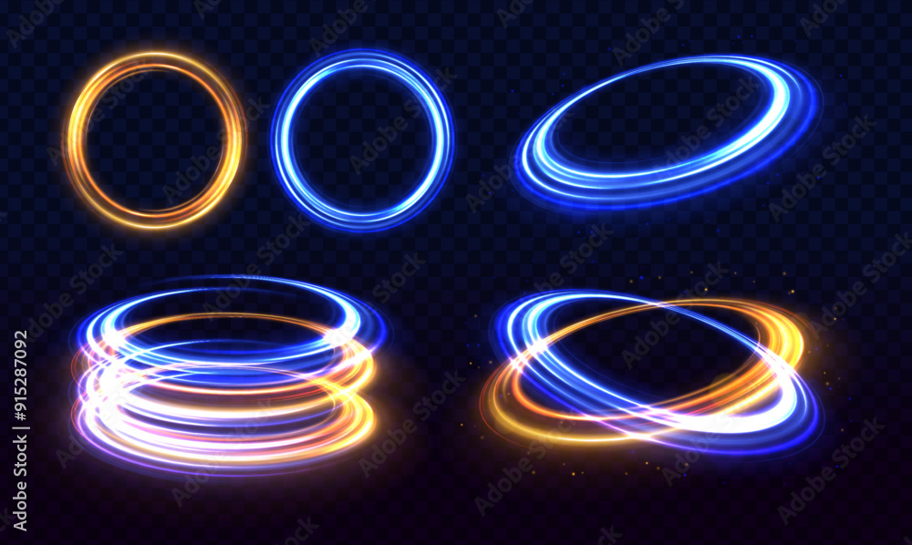 Poster Brilliant galaxy light blue ellipse glowing podium. Abstract bright neon loop with transparency. Glowing spiral cover.Neon light circle of speed in the form of a round whirlpool.	