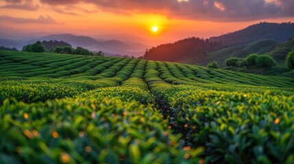 Sunrise Over Lush Green Tea Plantation