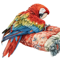 Beautiful parrot resting on a pillow beside the owner, full body, watercolor illustration, single object, isolate on white background.