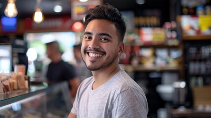 Obraz premium A man with a big smile is sitting at a counter in a restaurant