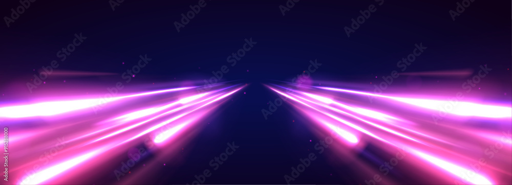 Poster bright neon speed in panoramic horizontal technology concept, on dark abstract background. long expo