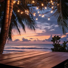 Sunset Serenity at the Beach with String Lights and Palm Trees, Wooden Table Foreground, Evoking a Tranquil and Romantic Tropical Evening