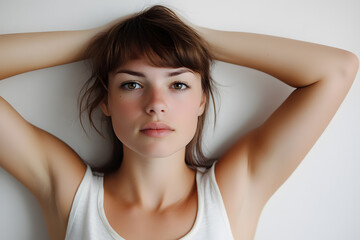 Beautiful young European woman with clean fresh skin on white background. Face care, Facial treatment concept