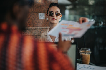 Colleagues engaging in an informal business meeting at a coffee shop, actively discussing and analyzing charts and graphs together.