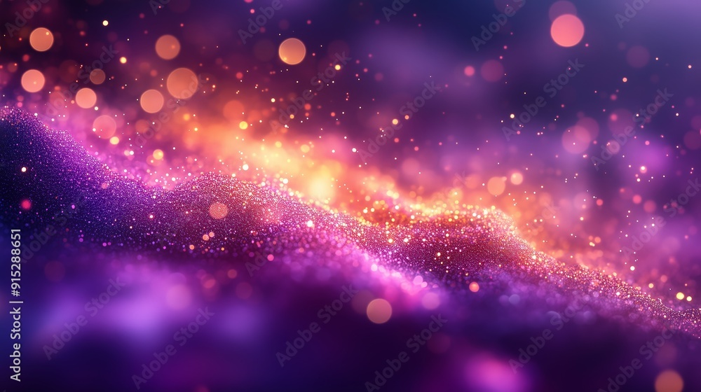 Poster a vibrant abstract background with purple and orange glitter and bokeh lights, creating a festive an
