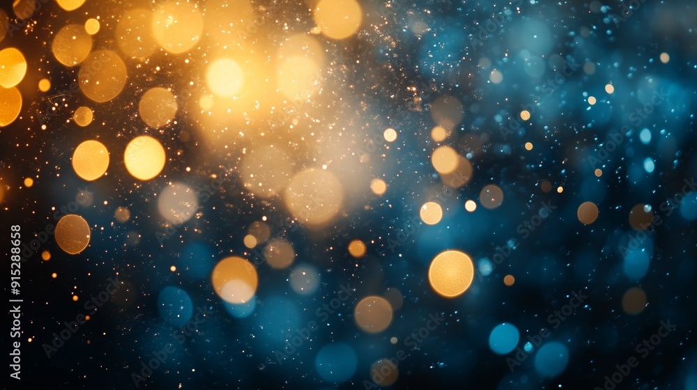 Poster an abstract background of golden and blue bokeh lights, creating a festive and magical ambiance perf