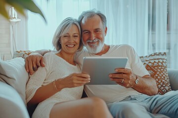 A joyful mature couple, both in their 60s, are embracing each other while seated on a sofa in their modern living room. They’re relaxing together, using a digital tablet to browse the internet and sho