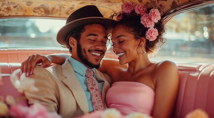 Happy Couple Embracing in Vintage Car Filled with Flowers on Sunny Day
