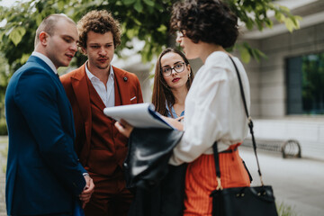 Businesspeople having an outdoor meeting, discussing and brainstorming new project ideas. Team working in cooperation to develop creative solutions for their business.