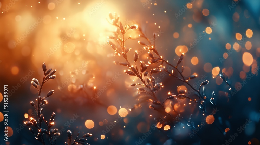 Poster branches glowing with warm bokeh lights, creating a beautiful and magical evening scene.