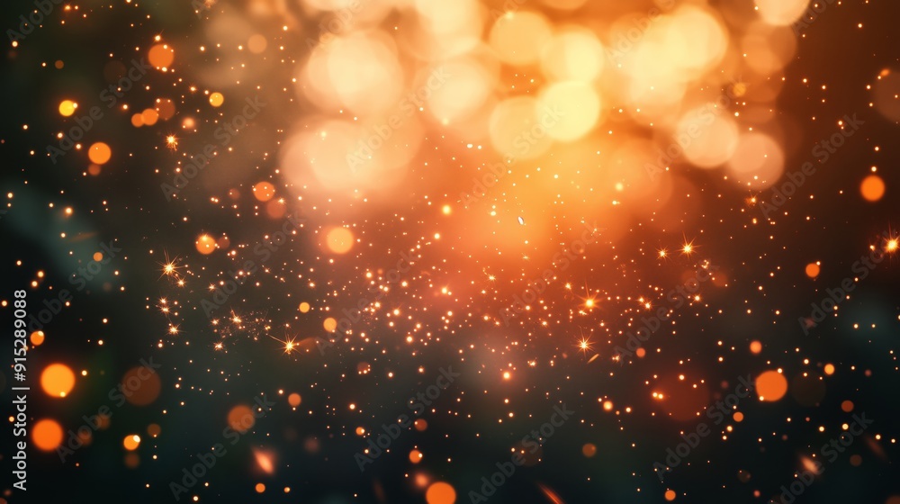 Poster golden bokeh lights with sparkling particles creating a festive and magical atmosphere.