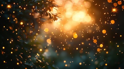 Naklejka premium Magical golden light filtering through leaves with a bokeh effect creating a warm and enchanting scene.