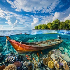 Fototapeta premium A serene boat anchored above vibrant coral reefs, blending tranquility with the beauty of underwater life and natural landscapes.
