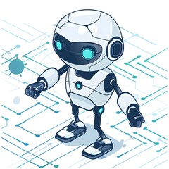 A playful and friendly cartoon robot illustration, presented in a simplistic white and blue design on a digital circuit board background.