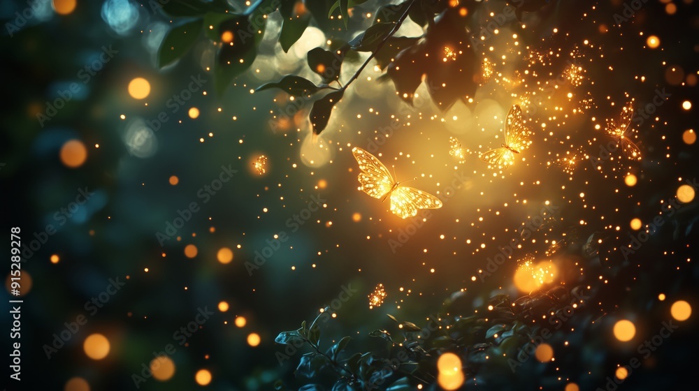 Aufkleber illuminated butterflies fluttering in a magical forest with glowing bokeh lights creating an enchant