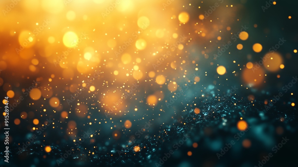 Poster golden bokeh lights with sparkling particles creating a festive and magical atmosphere.