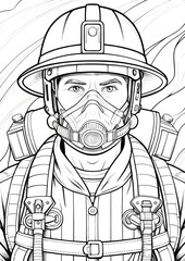 Naklejka premium Adult Coloring Page of Fireman in Protective Gear and Mask